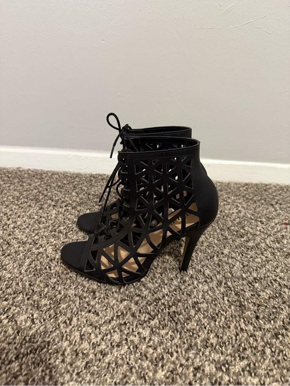 ANDREA FENZI Black Laser-Cut Lace-Up Peep-Toe Heels